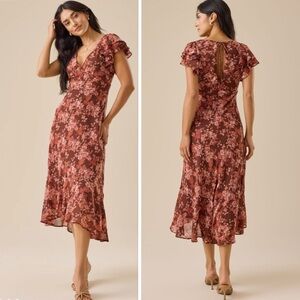 Altar'd State Astrid Floral Midi Dress Rust Brown Pink Flutter Sleeve Sz M